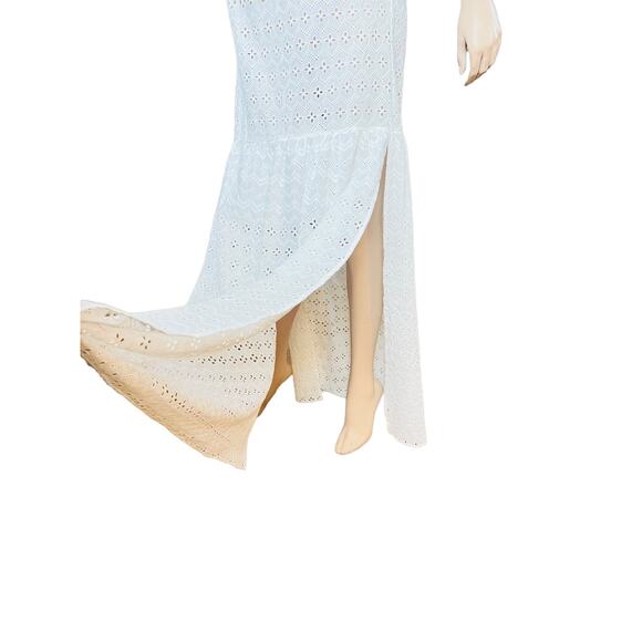 Natural Rough Cotton Off-white Eyelet Maxi Dress Size Fit L Slit on Both Sides - Picture 10 of 15